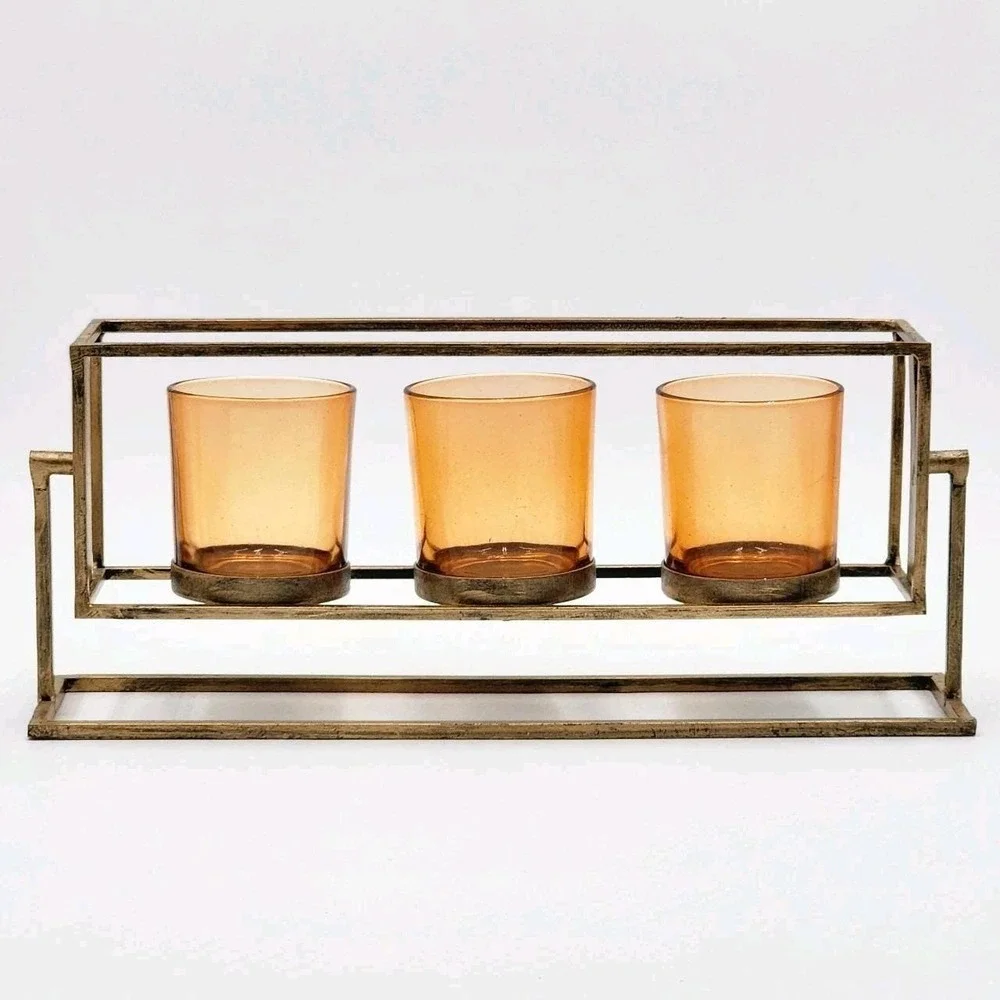 Rustic Triple Votive Tealight Candle Holder Aged Amber Glass In Brushed Bronze